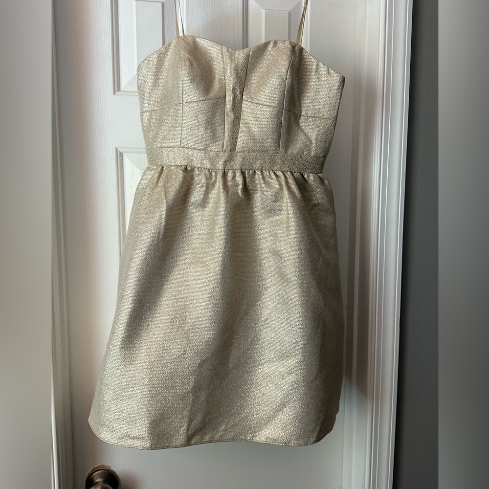 Aidan Mattox Dress Gold Short Strapless Lined Pockets Size 10 EUC Holidays